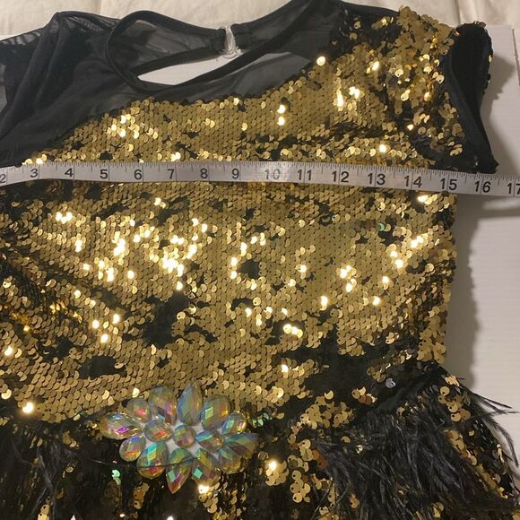 WEISSMAN Dance Costume black gold sequin feather Ruby Blue 13570 XLC child - Picture 4 of 9